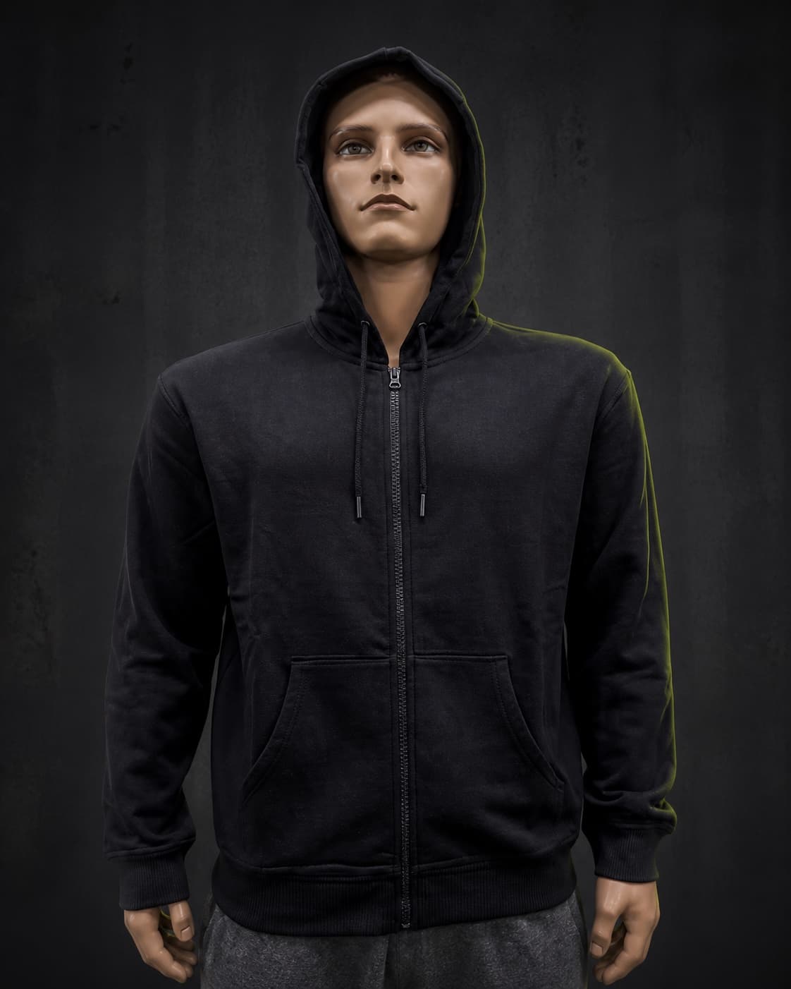 Black full-zip cotton-rich hoodie sample